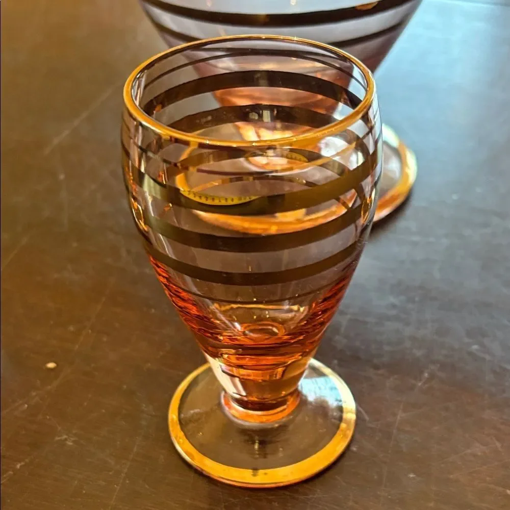 Vintage 1950s Handmade Romanian Amber Pink Glass Decanter Set